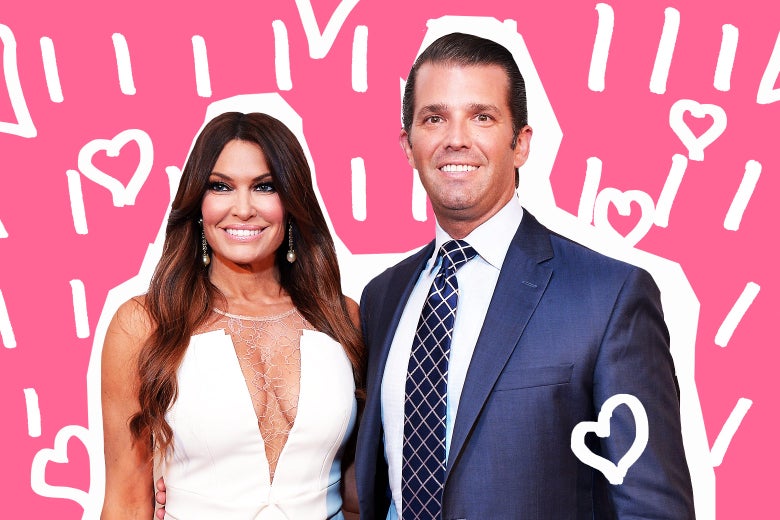 Donald Trump Jr. and Kimberly Guilfoyle surrounded by hearts.